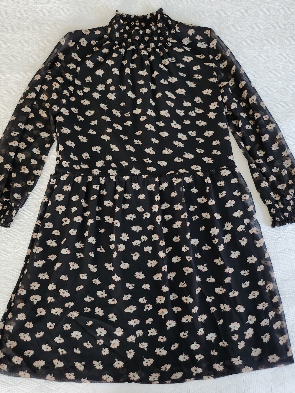 Madewell Black Floral Smocked Neck Dress Small